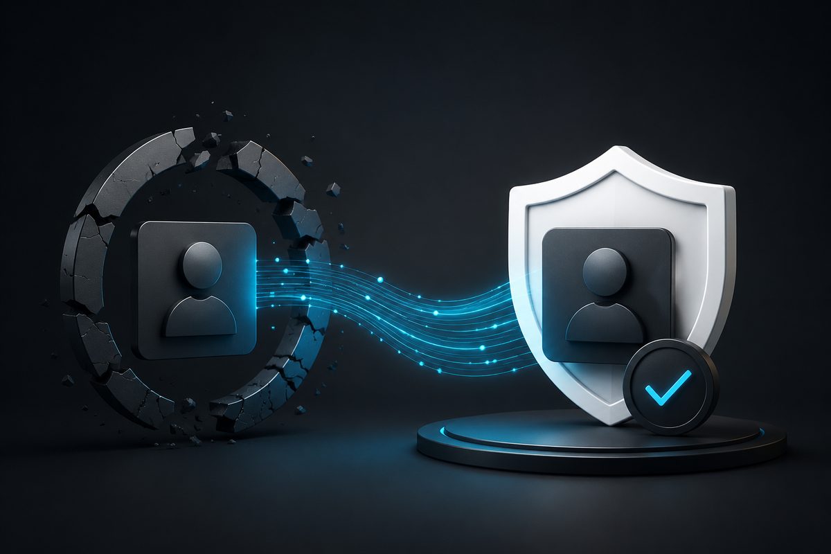 A broken, compromised account icon restored to a secured, verified account protected by a shield